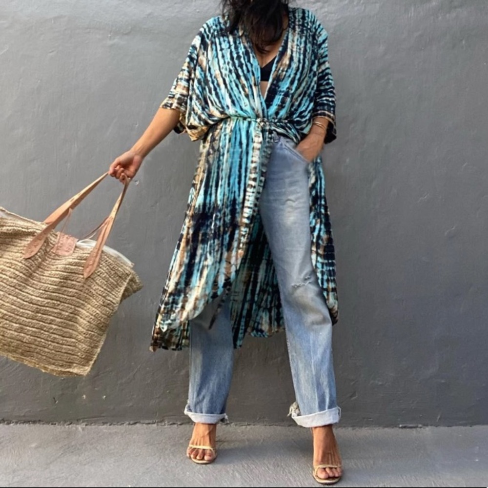 Tie Dye Boho Swim Coverup Kimono Wrap Casual Robe - Picture 6 of 10